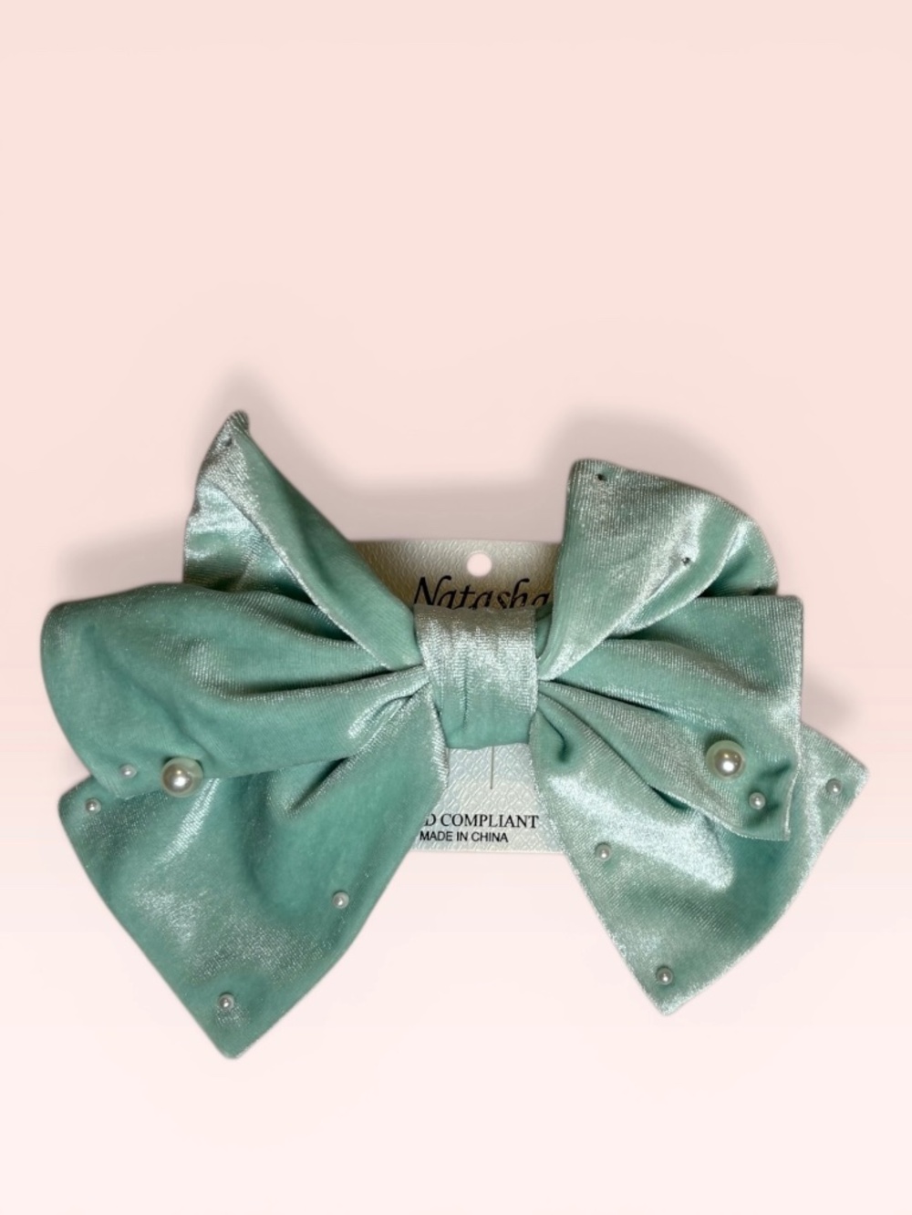 Natasha Couture Aqua Velvet Bow Barrette with Pearls